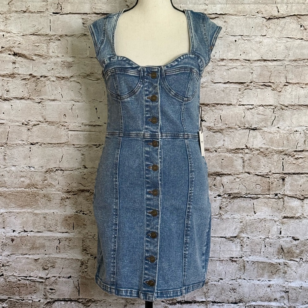 Button-Front Denim Mini Dress with Sweetheart Bust